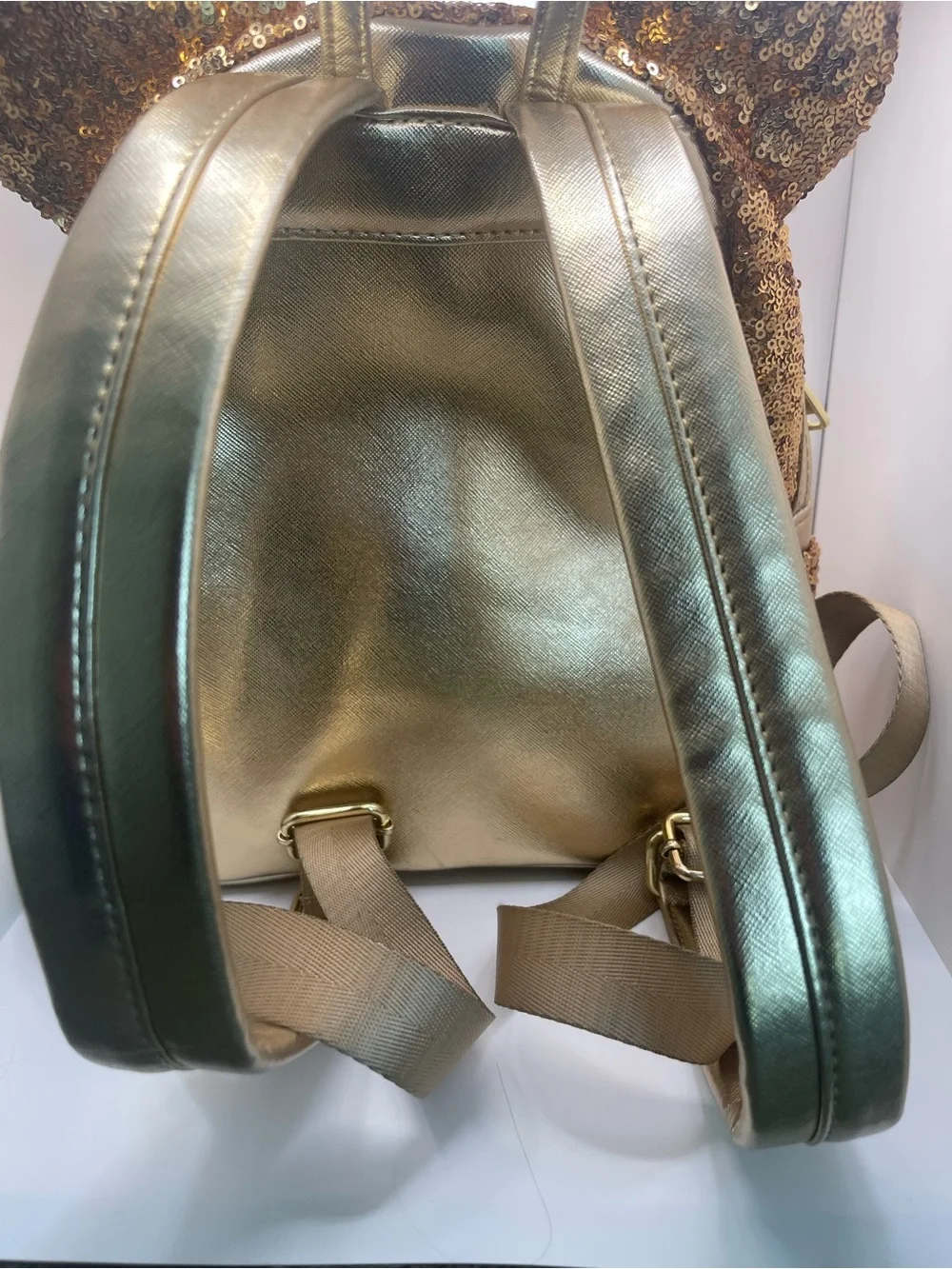 Loungefly Gold Sequin Minnie Backpack with Metallic Bow